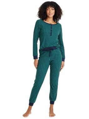 Auden Green Plaid Long-Sleeve Pajama Set with Navy Trim size S